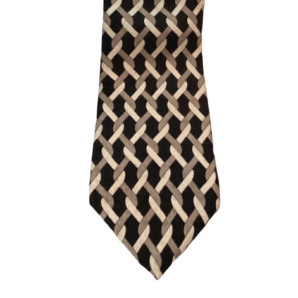 Vintage Geoffrey Beene Silk Tie Black, Grey + White Braided Pattern